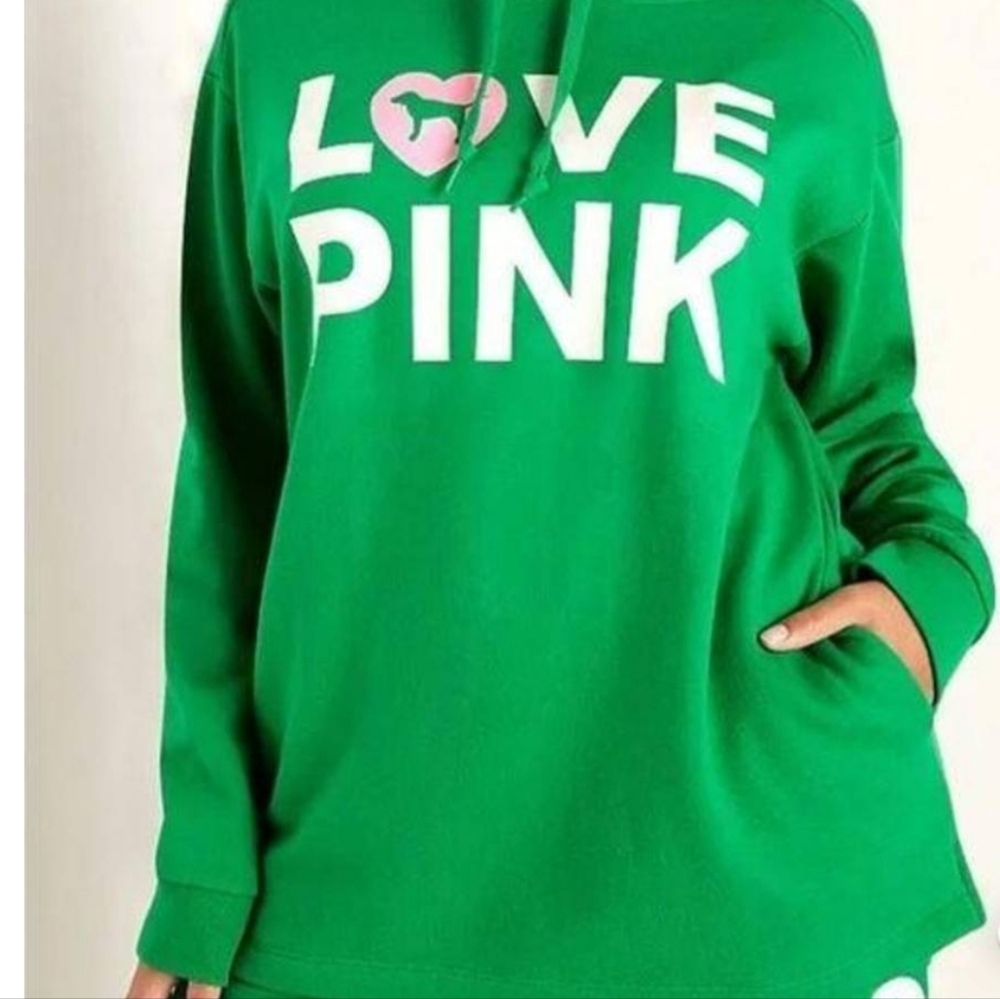 VICTORIA'S SECRET PINK FLEECE CAMPUS PULLOVER LARGE HAPPY CAMPER SHINE